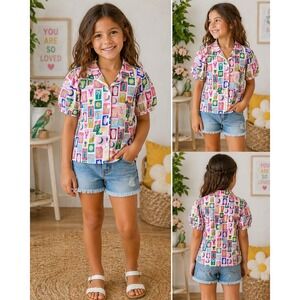 Finding Foxtale Shirt Multicolor Block Print Puff Sleeve Eclectic Size 12